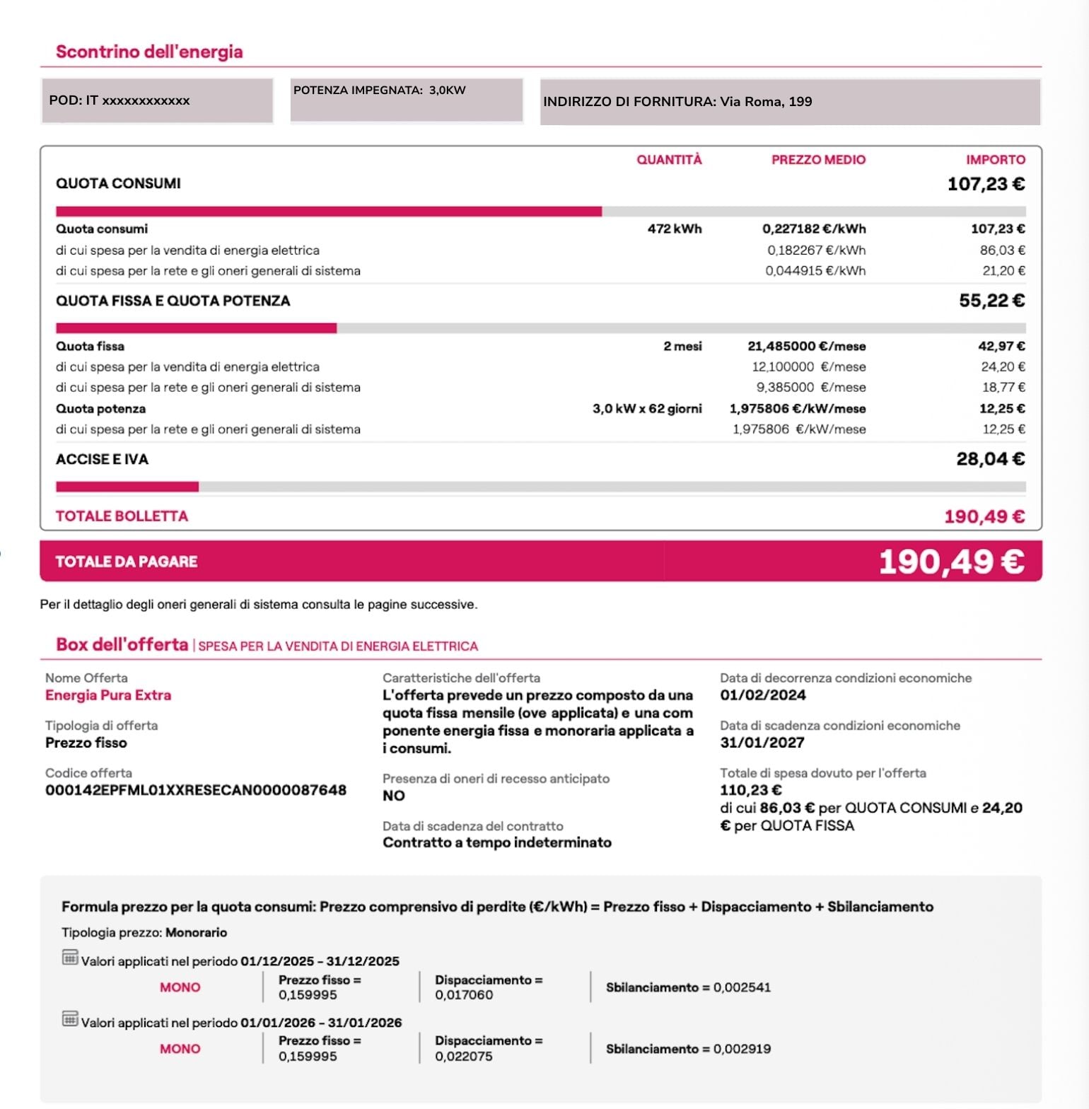 Scontrino energia e box offerta nella bolletta luce 2026